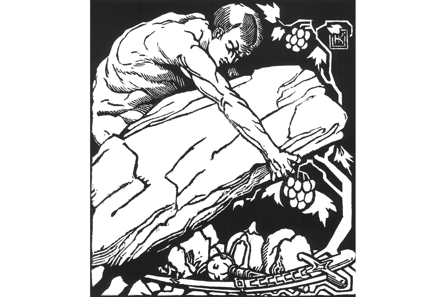 Linocut by Olena Kulchytska. Theseus picking up a sword (symbolizing state power) prepared for the 10th anniversary of the November 1918 events. Credits: Nadiya Kinash