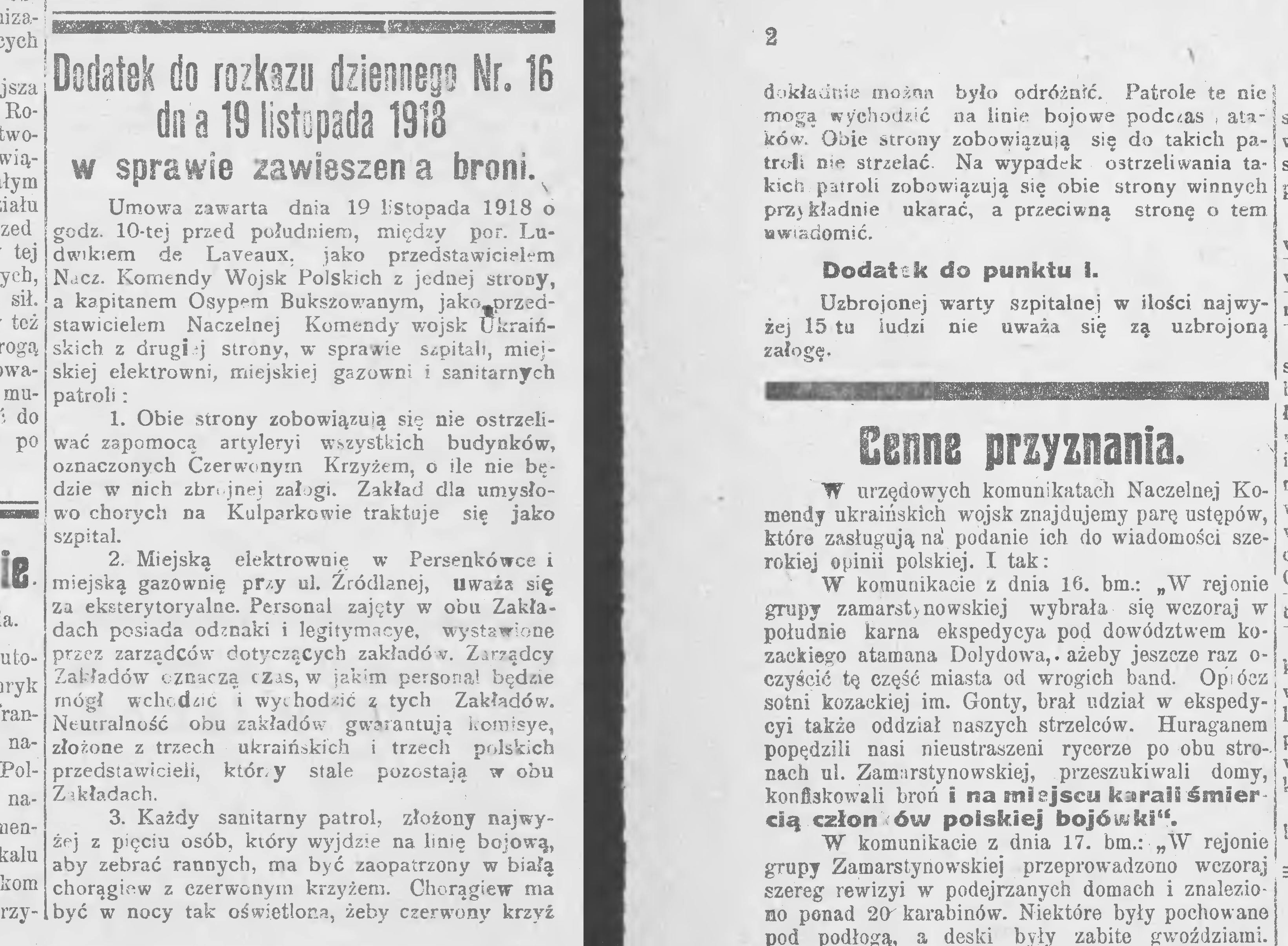 Message from the newspaper "Pobudka" from November 20, 1918, with the terms on which the ceasefire can be continued