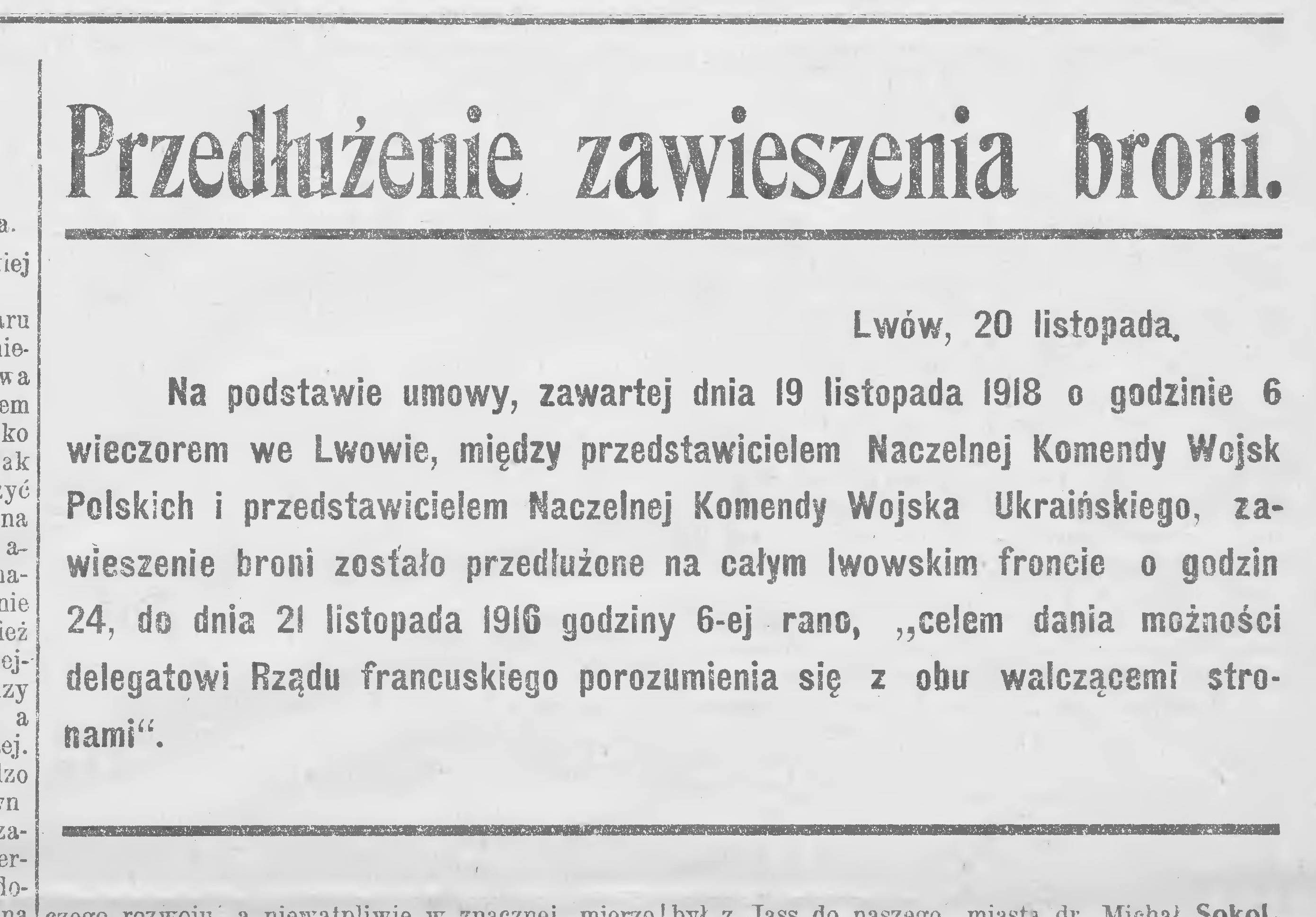 Повідомлення у газеті "Pobudka" від 20 листопада 1918 року про продовження перемир'я