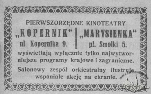 A pre-war advertisement of Kopernik and Marysieńka, "first-class" cinemas
