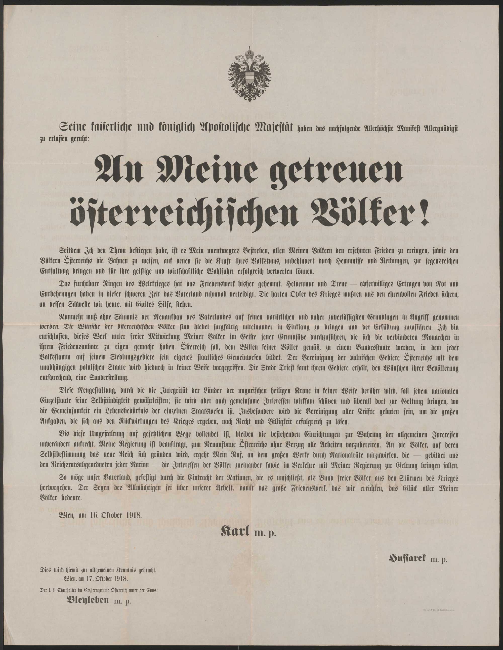 Charles I von Habsurg manifesto from 16 October 1918. Source: Austrian National Archive